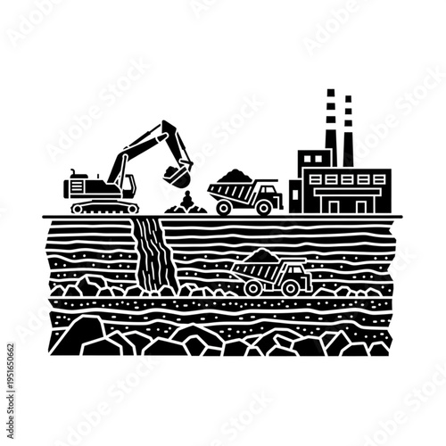 Illustration of an open-pit mine with excavator and trucks.