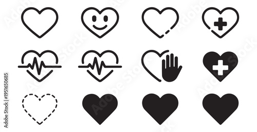 Heart icon set with various designs, including outlines, filled shapes, and medical symbols
