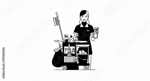 Person with cleaning cart and supplies, holding spray bottle