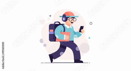 Person with headphones, backpack, book, and phone walks