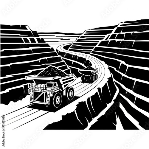 Heavy-Duty Mining Trucks Transporting Ore in an Open-Pit Mine.