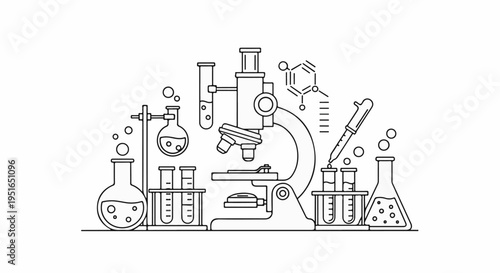 Scientific laboratory equipment with a microscope and chemical formulas