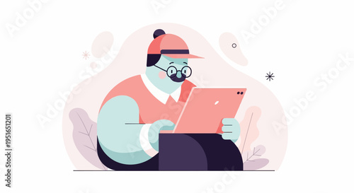 Stylized character with glasses and cap uses a tablet device