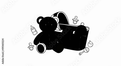 A cartoon teddy bear sits by a baby carriage surrounded by baby accessories