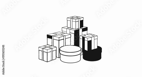A collection of wrapped gift boxes of various sizes, some round