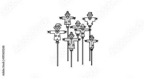 A group of cartoon scarecrows stand on poles against a white background