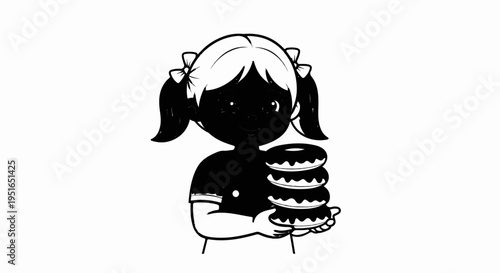 Young girl with pigtails holds a stack of four frosted ring-shaped pastries