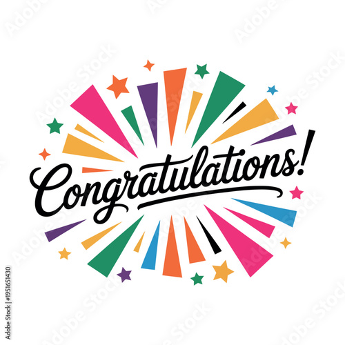 A colorful graphic design with the word Congratulations in the center