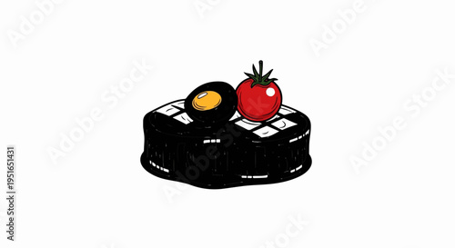 A black textured circular base topped with a tomato and a halved black egg