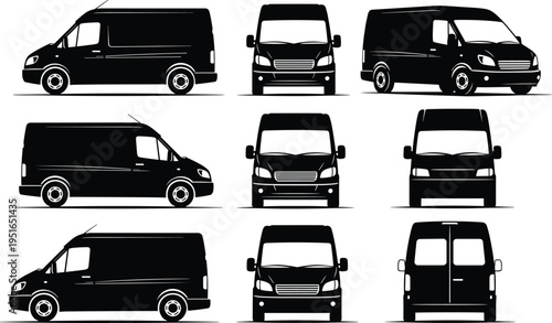 Set of commercial delivery van silhouettes from various angles including side front and rear views for logistics transportation and shipping design