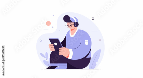 Young person with headphones and glasses sits, holding a tablet device