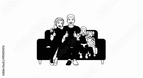 A happy family of four giving thumbs up while sitting on a sofa