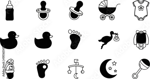 A collection of infant care and toy icons for babies