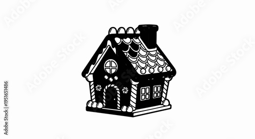 Whimsical cartoon gingerbread house with icing details and candy decorations