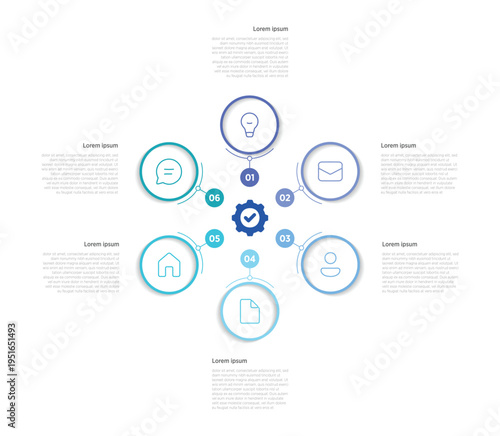 Modern 6 rounded infographic template for business presentations and reports. Smooth circular-edge design with six connected segments, ideal for workflow visualization, process steps, cycle diagrams.