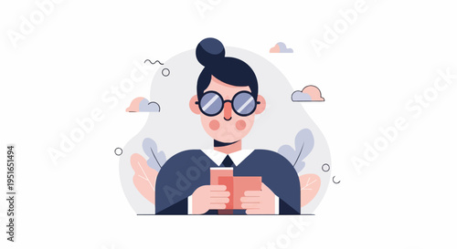 A flat illustration of a person with glasses and a bun holding a book