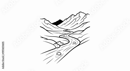 A winding river flows through a valley between steep mountains, with rocks in the water