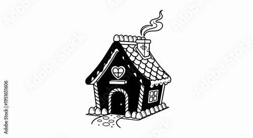 A black and white illustration of a quaint gingerbread house with a heart-shaped window