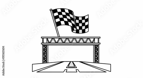A checkered flag waves above a racing start/finish line archway