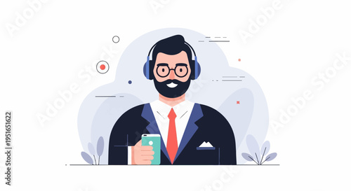 Bearded man in headphones and suit holding smartphone