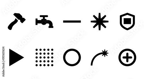 A collection of black and white icons on a white background, featuring various symbols for design or technology concepts.