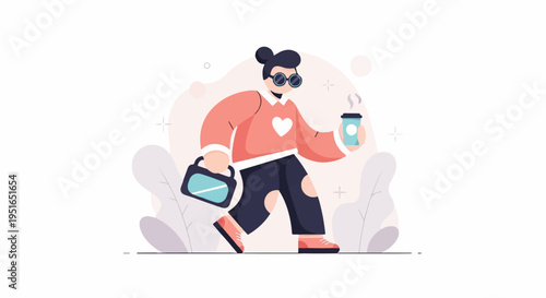 Stylized person walking with coffee and bag, casual attire