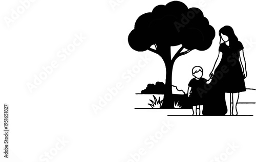 Woman holds a child's hand beneath a large tree in a simple line drawing