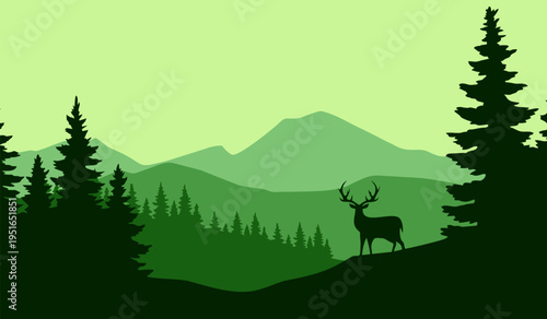 Green flat landscape with deer silhouette