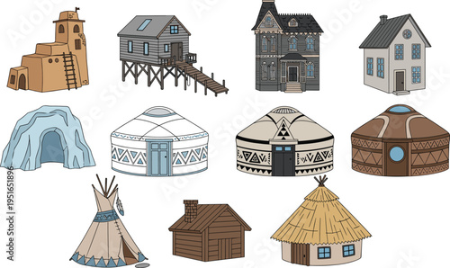 Traditional and modern houses, cultural architecture silhouettes, global home vector set, diverse dwelling illustration, black and white building icons