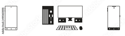 Comparison of  mobile phone and Solid outline computer pc Icon collection.  computer  phone and desktop pc screen icon graphic. Vector illustration
