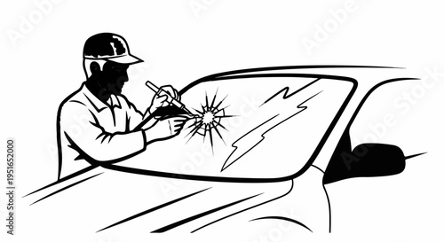 A person in a cap and work clothes repairs a cracked car windshield