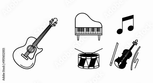 A collection of musical instruments and notes in a simple line drawing