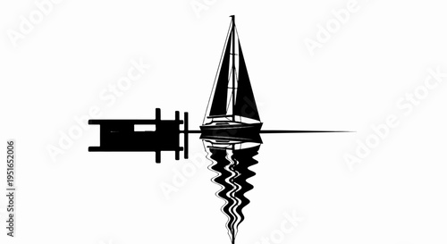 Silhouette of a sailboat moored to a dock with its reflection in water