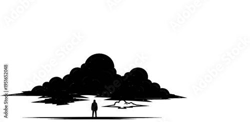 Silhouette of a person standing against a vast expanse of dark, dramatic clouds