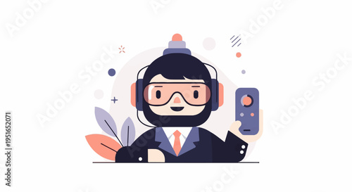 A stylized character in VR headset and suit holds a remote control, surrounded by abstract shapes