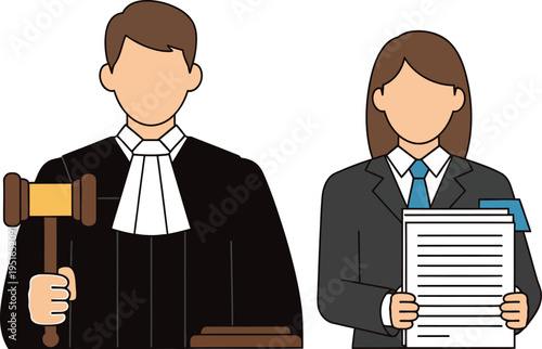 Judge and lawyer in formal attire, holding gavel, with document, legal court scene