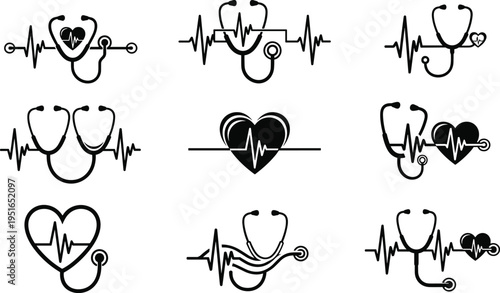 Stethoscope and heartbeat pulse line icons set, heart rhythm EKG medical vector silhouettes, healthcare concept symbols for cardiology clinic, nursing, and hospital branding
