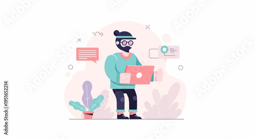 A stylized man with glasses and a beard uses a laptop, with plants and chat bubbles