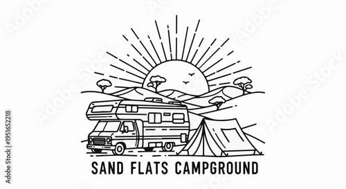 A stylized line drawing of a campsite with a camper van and tent under a sun