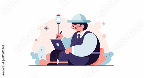 A person with a hat and glasses works on a laptop with a lantern