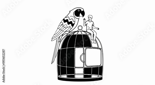 A boy sits on a birdcage, a large parrot perched nearby