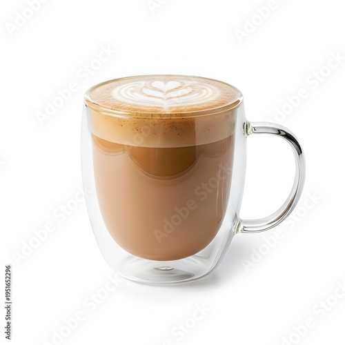 A clear double walled glass mug filled with a fresh hot latte featuring delicate heart latte art