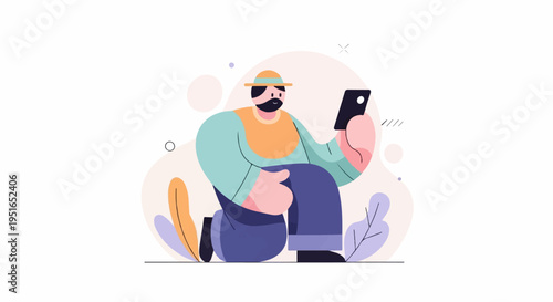 A stylized man with a beard and hat kneels, looking at his phone