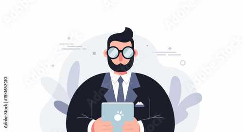 A person in a suit and tie wearing glasses holds a tablet