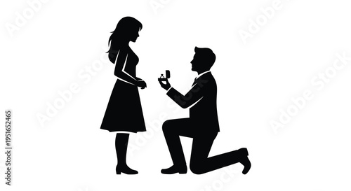 A romantic scene depicts a man proposing to a woman on one knee captured as a striking silhouette high quality professional