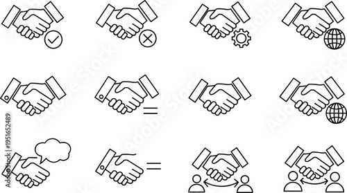 Handshake icon set with business partnership symbols including agreement checkmark global collaboration corporate teamwork trust professional deal contract success