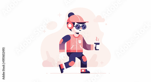 Animated person wearing headphones, cap, glasses, carrying a hot beverage