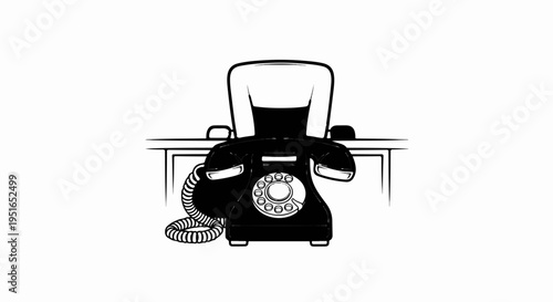 Vintage rotary phone and desk chair illustration, black and white