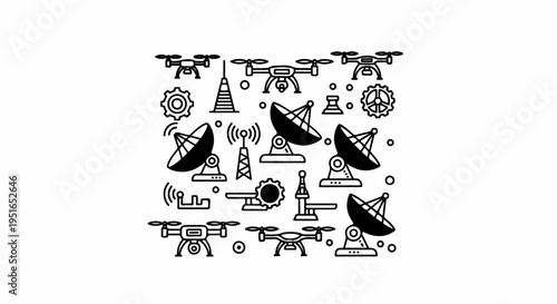 A collection of drone, satellite dish, and technology icons