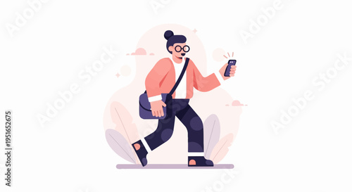Stylized person walks with a bag and phone, abstract background